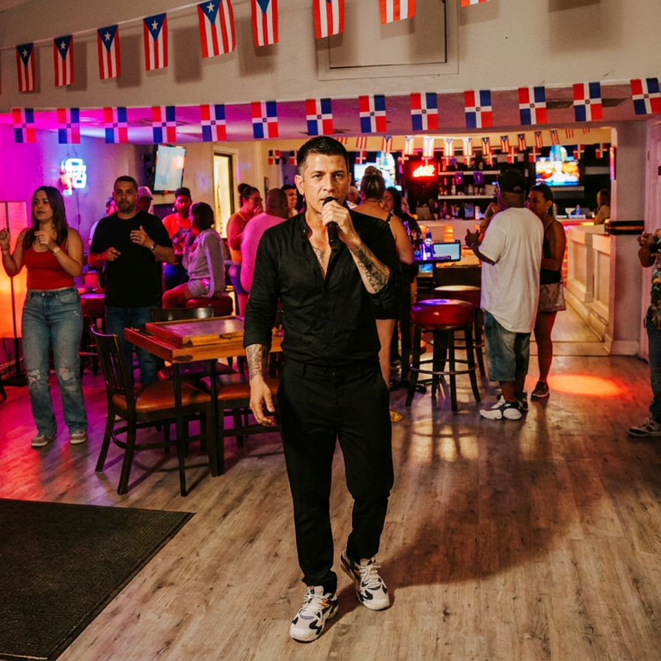 Singer performs before patrons in a lively Puerto Rican-themed restaurant and bar decorated with flags and colorful lighting.