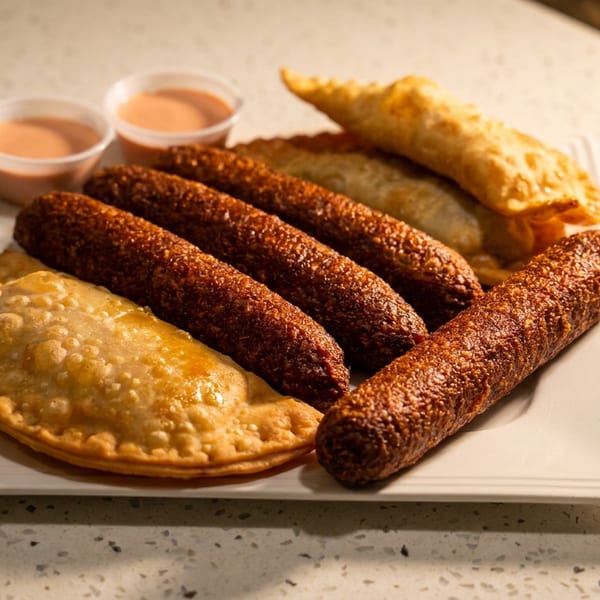 Assorted fried appetizers, including empanadas, crispy croquettes, and fried pastries, served with two cups of dipping sauce.