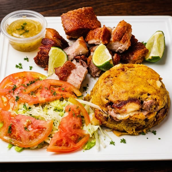 Plated Latin American meal featuring fried pork, a stuffed golden plantain patty, salad, lime wedges, and dipping sauce.