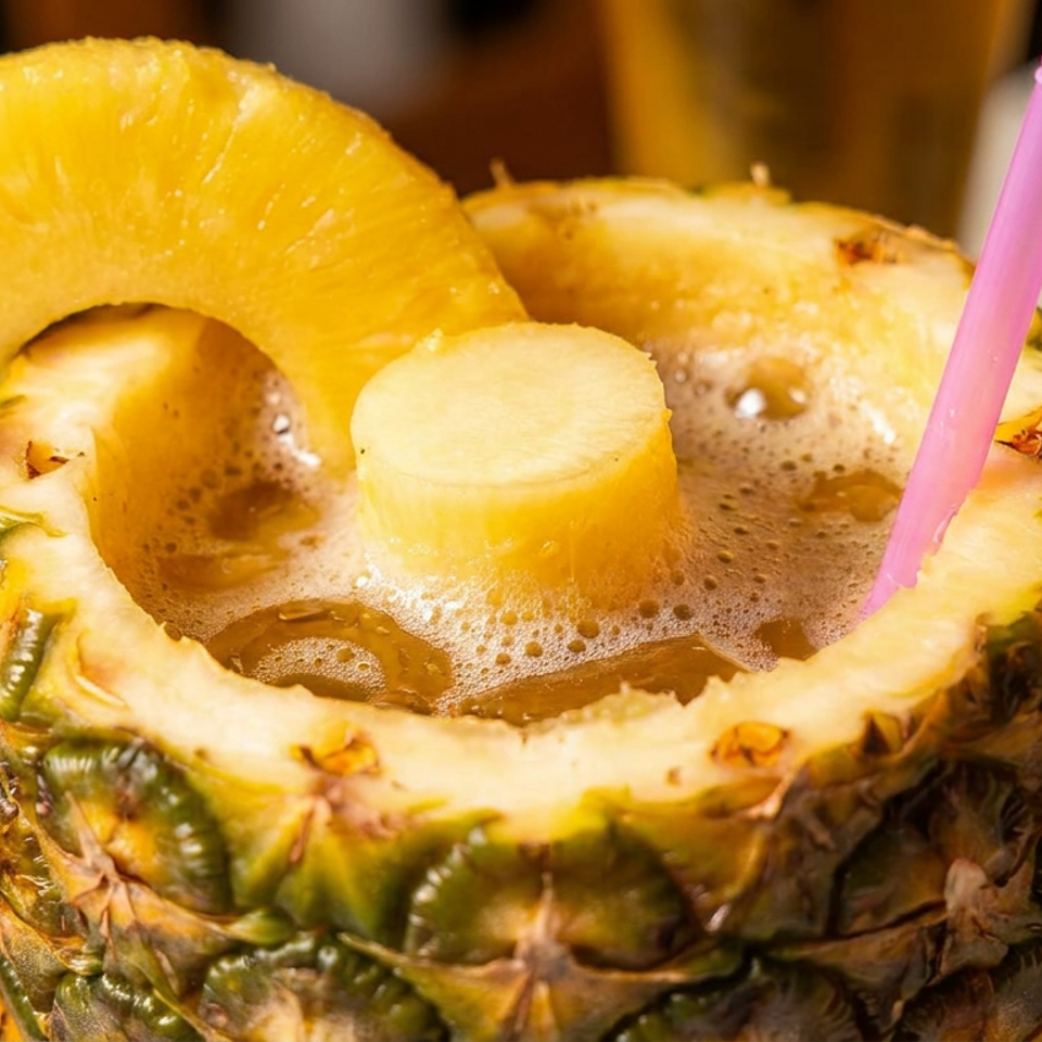 Pineapple cocktail filled with frothy golden drink, topped with pineapple slices and served with a pink straw.