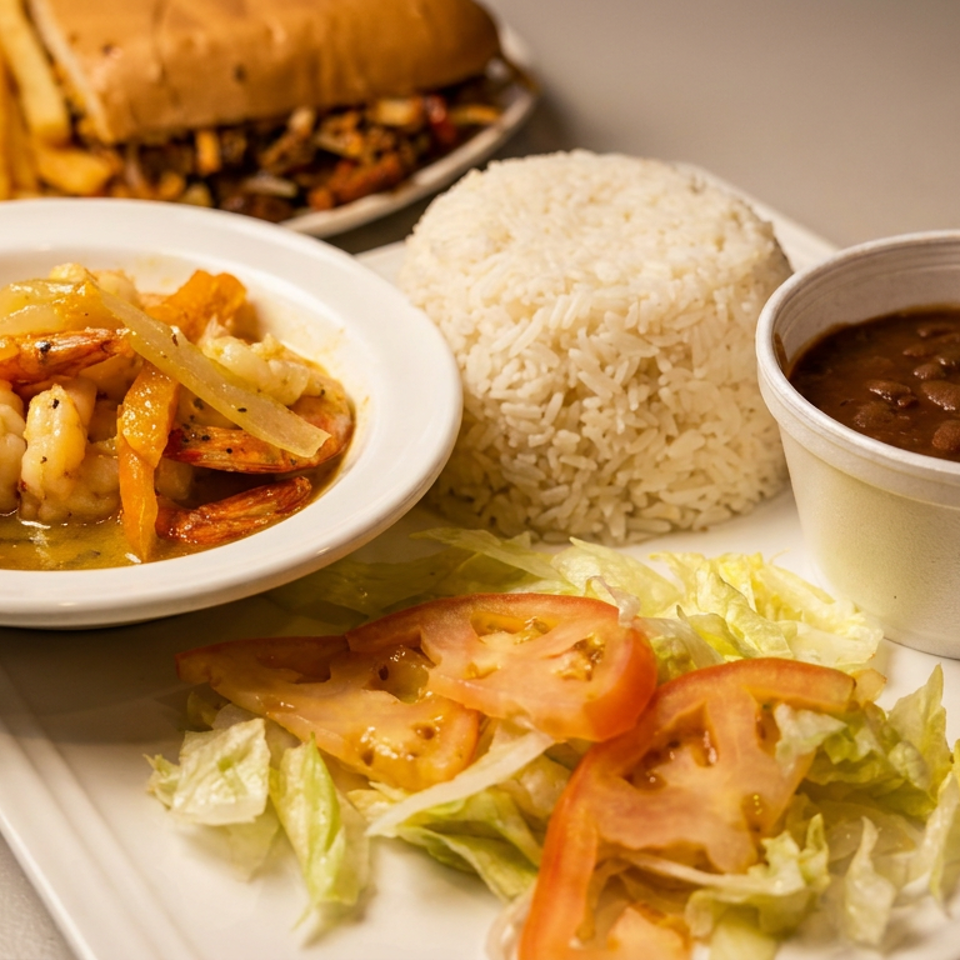 Tray featuring saucy shrimp, white rice, black beans, lettuce and tomato salad, with a burger and fries in the background.
